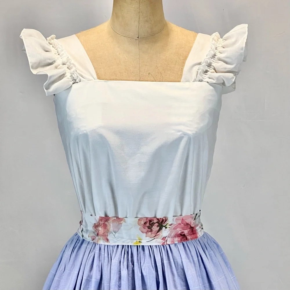 VINTAGE 80s lavender garden party dress‎ eyelet lace ruffle fit flare sleeveless - Picture 4 of 14